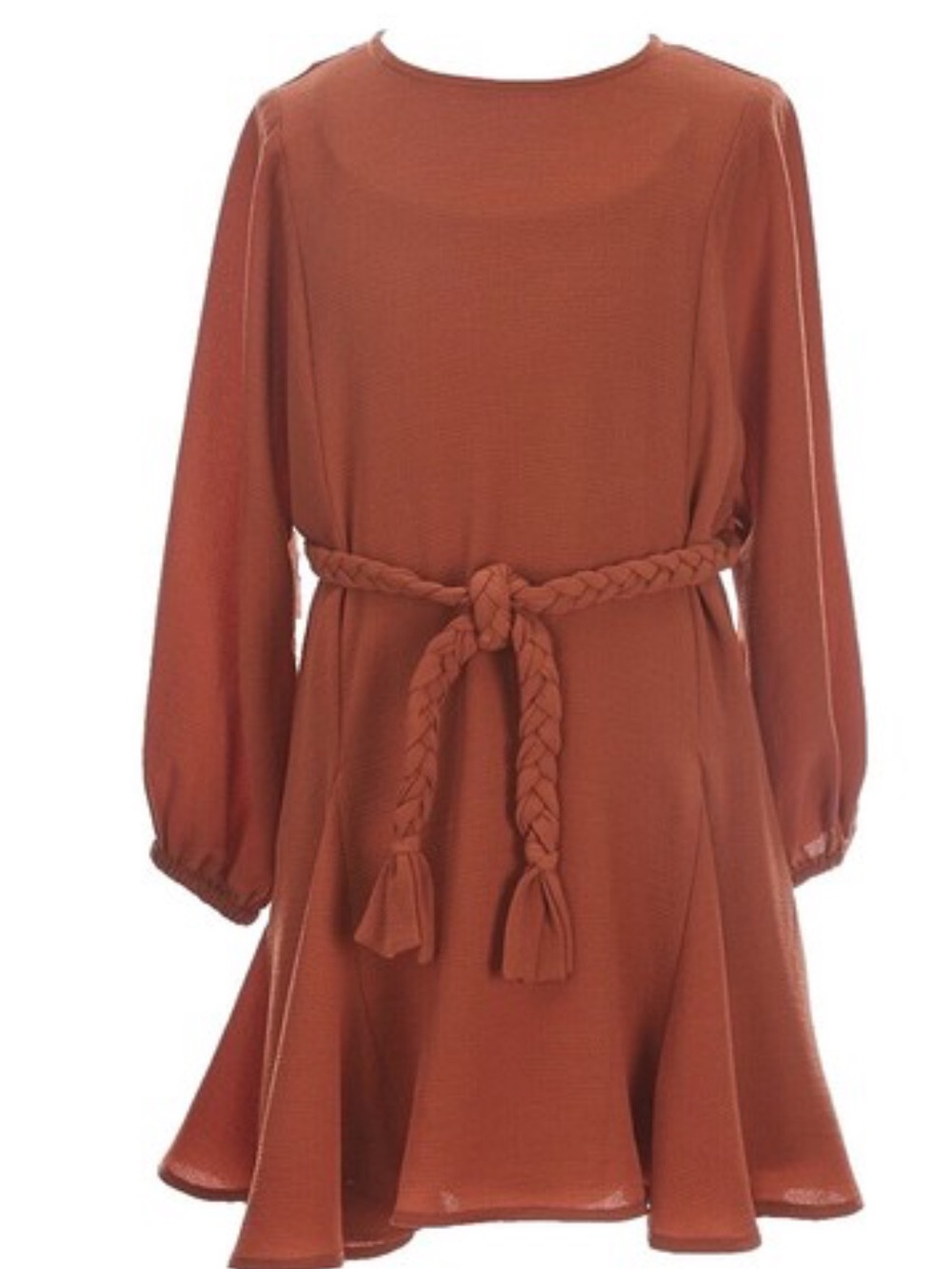 GB girls Rust Orange Long-Sleeve Dress with Braided Belt